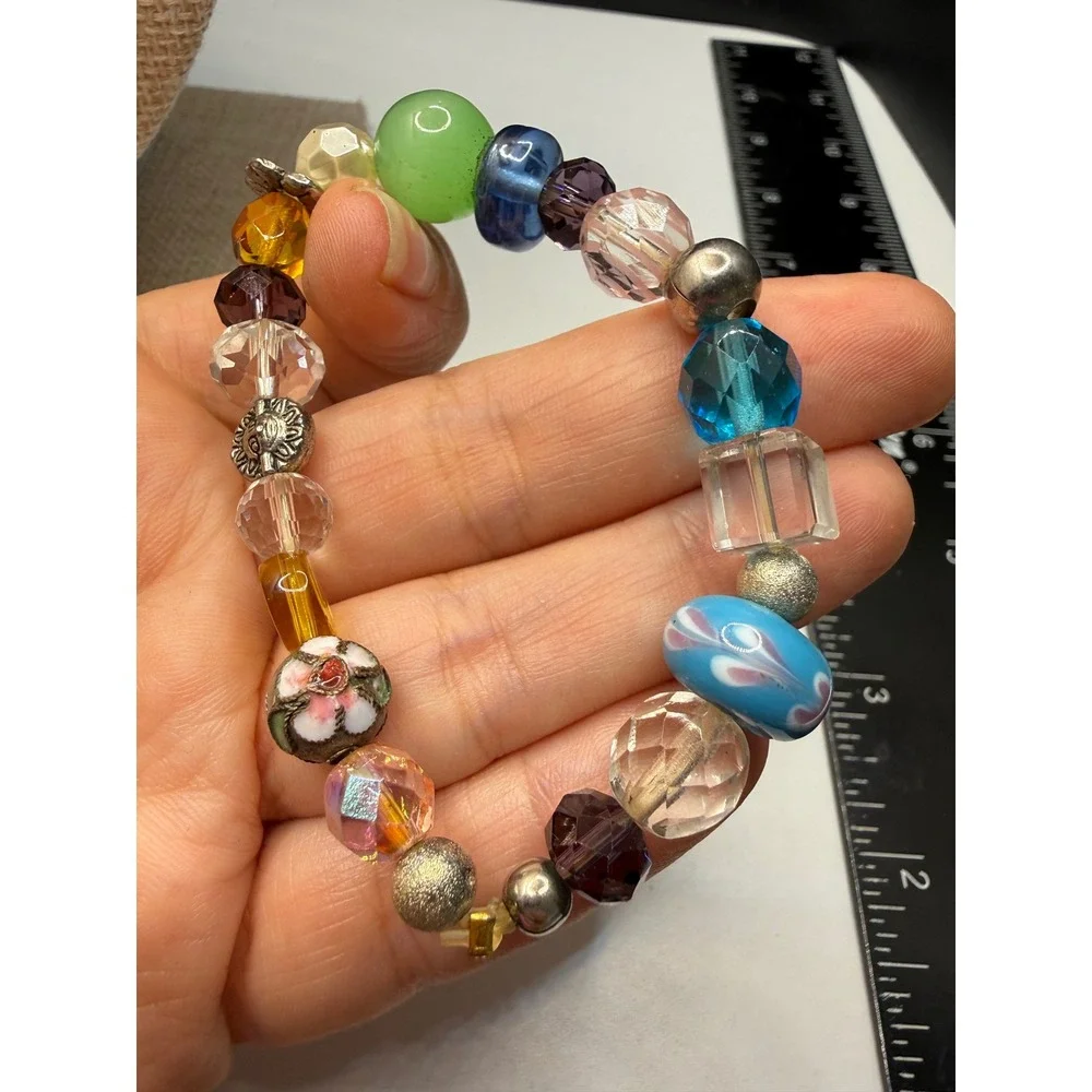 Multicolor Beaded Stretch Bracelet Glass Crystal Silver Sun Charms Eclectic Boho